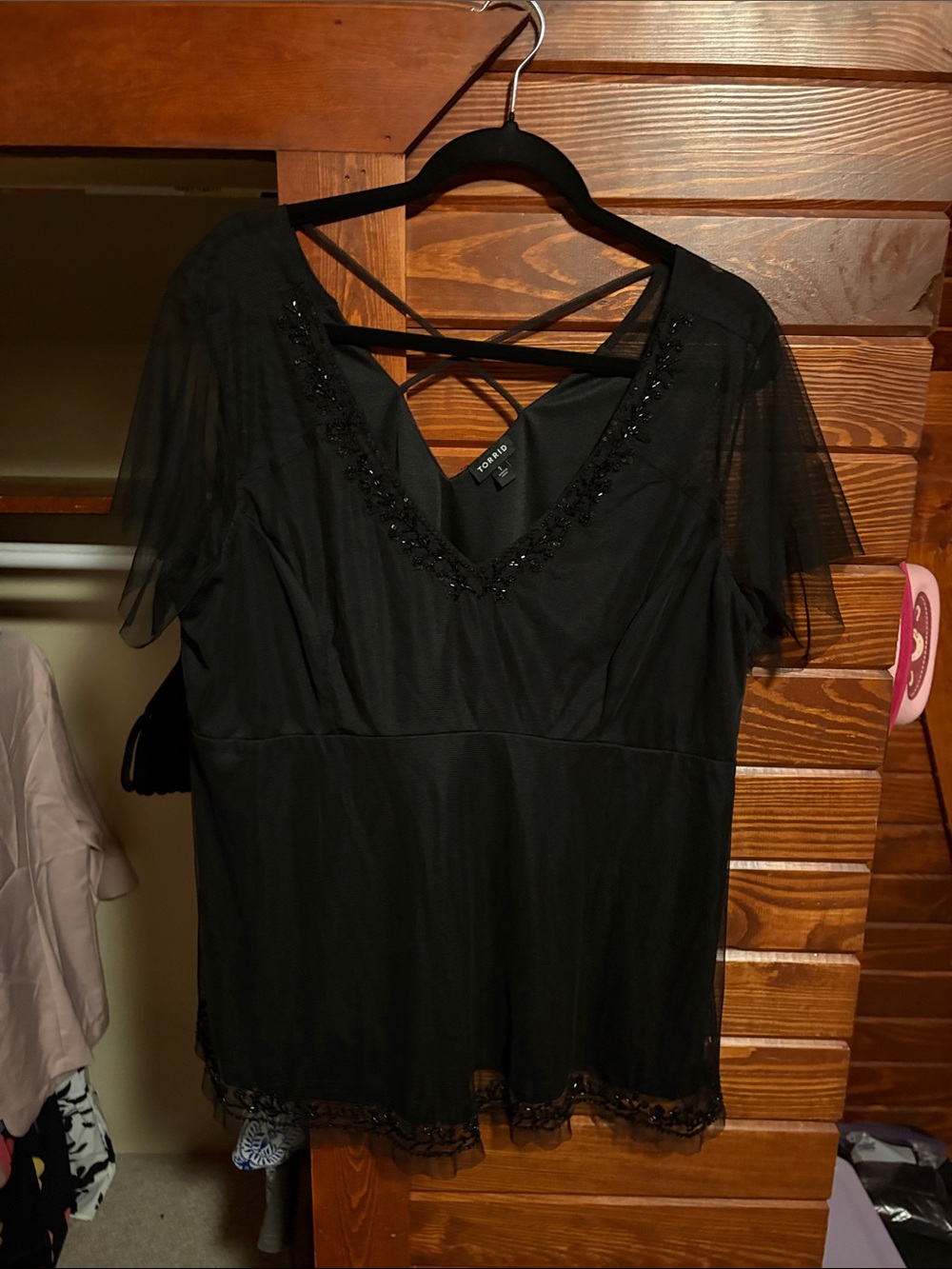 torrid Black Beaded V-Neck Mesh Sleeve Blouse